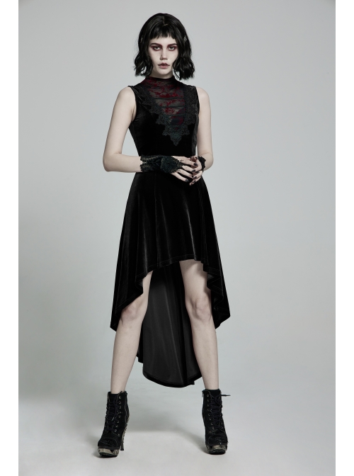 Front Chest Splice Mesh Decals Sleeveless Back Waist Lace-Up Black Gothic Retro Velvet Dress