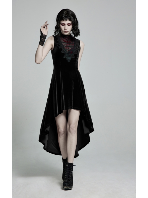 Front Chest Splice Mesh Decals Sleeveless Back Waist Lace-Up Black Gothic Retro Velvet Dress