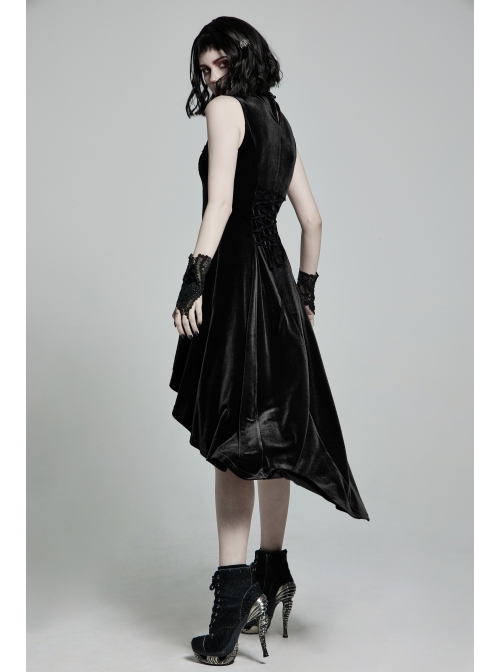 Front Chest Splice Mesh Decals Sleeveless Back Waist Lace-Up Black Gothic Retro Velvet Dress