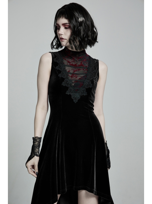 Front Chest Splice Mesh Decals Sleeveless Back Waist Lace-Up Black Gothic Retro Velvet Dress