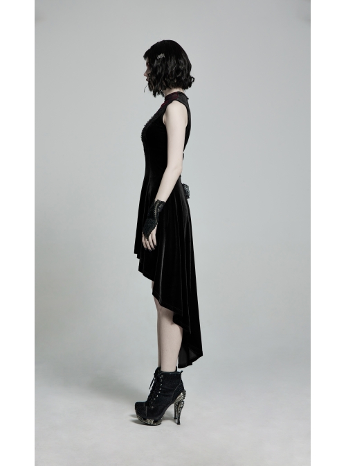 Front Chest Splice Mesh Decals Sleeveless Back Waist Lace-Up Black Gothic Retro Velvet Dress