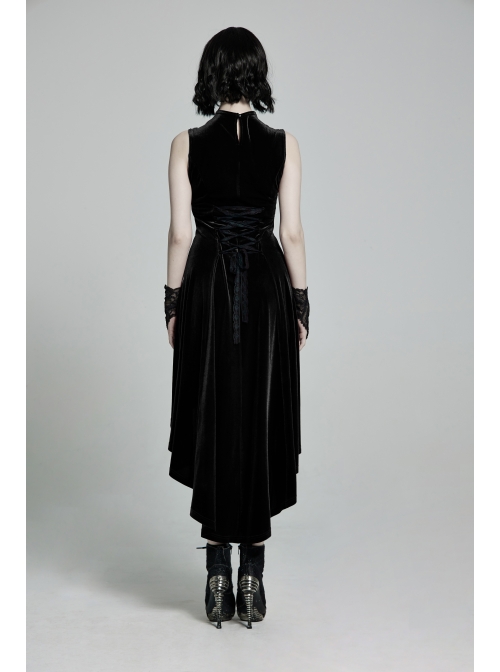 Front Chest Splice Mesh Decals Sleeveless Back Waist Lace-Up Black Gothic Retro Velvet Dress