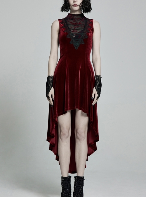 Front Chest Splice Mesh Decals Sleeveless Back Waist Lace-Up Wine Red Gothic Retro Velvet Dress
