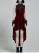 Front Chest Splice Mesh Decals Sleeveless Back Waist Lace-Up Wine Red Gothic Retro Velvet Dress