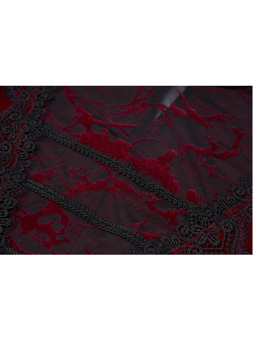 Front Chest Splice Mesh Decals Sleeveless Back Waist Lace-Up Wine Red Gothic Retro Velvet Dress