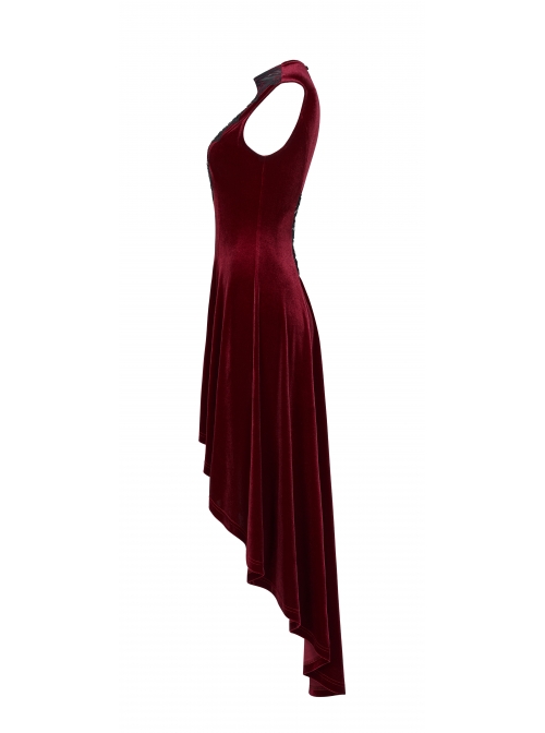 Front Chest Splice Mesh Decals Sleeveless Back Waist Lace-Up Wine Red Gothic Retro Velvet Dress