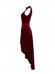 Front Chest Splice Mesh Decals Sleeveless Back Waist Lace-Up Wine Red Gothic Retro Velvet Dress
