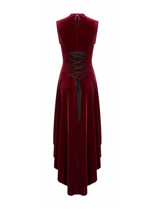 Front Chest Splice Mesh Decals Sleeveless Back Waist Lace-Up Wine Red Gothic Retro Velvet Dress