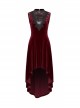 Front Chest Splice Mesh Decals Sleeveless Back Waist Lace-Up Wine Red Gothic Retro Velvet Dress