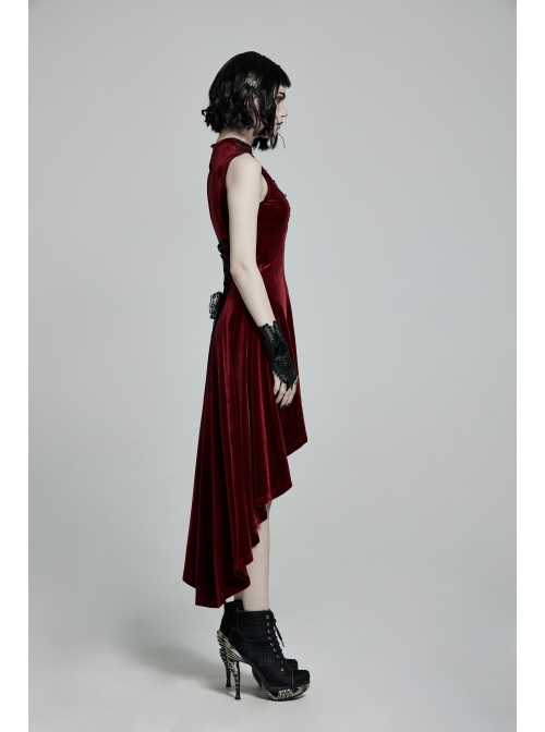 Front Chest Splice Mesh Decals Sleeveless Back Waist Lace-Up Wine Red Gothic Retro Velvet Dress