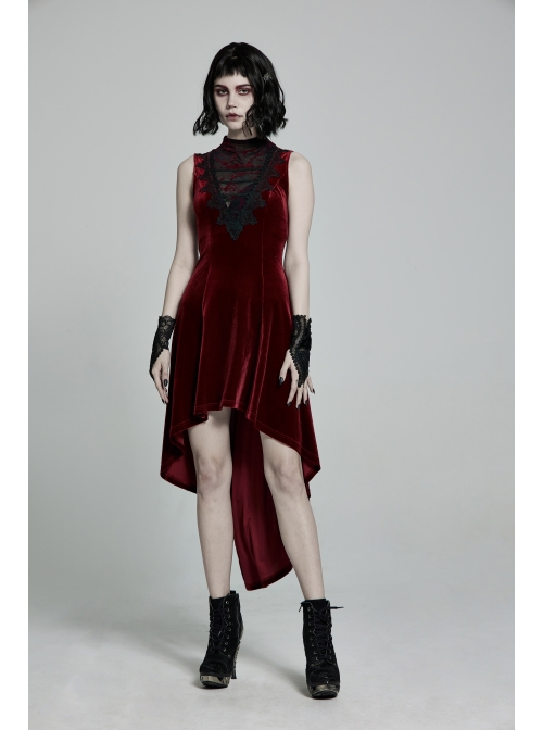 Front Chest Splice Mesh Decals Sleeveless Back Waist Lace-Up Wine Red Gothic Retro Velvet Dress