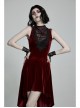 Front Chest Splice Mesh Decals Sleeveless Back Waist Lace-Up Wine Red Gothic Retro Velvet Dress