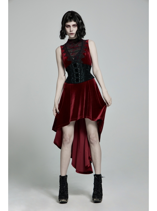 Front Chest Splice Mesh Decals Sleeveless Back Waist Lace-Up Wine Red Gothic Retro Velvet Dress