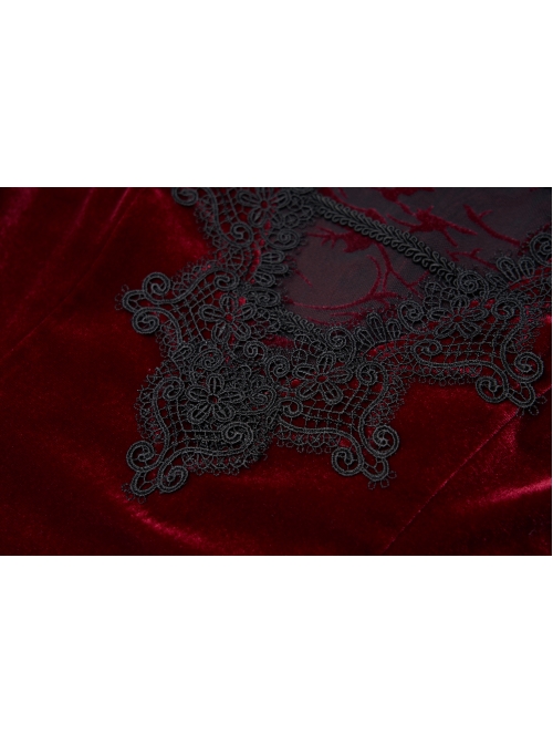 Front Chest Splice Mesh Decals Sleeveless Back Waist Lace-Up Wine Red Gothic Retro Velvet Dress
