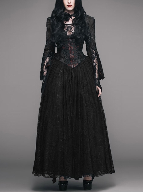 Black Red Jacquard Fabric Lace Skirt Gothic Long Dress