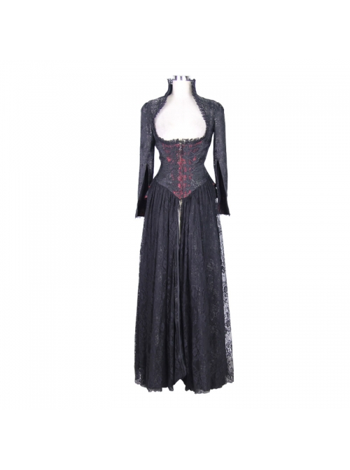 Black Red Jacquard Fabric Lace Skirt Gothic Long Dress