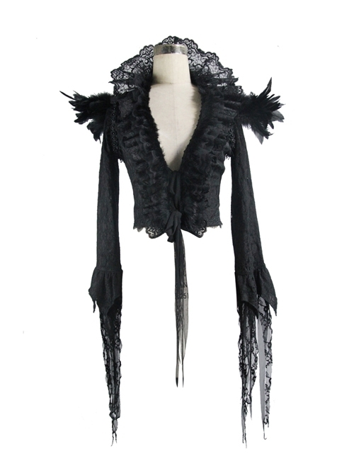 Black Composite Mesh Fabric Transparent Lace Stand-Collar Gothic Small Coat