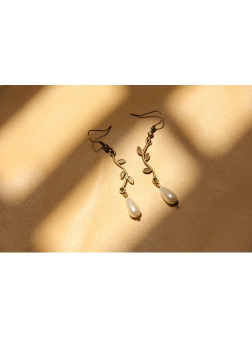 Fashion Casual Baroque Handmade Retro Artificial Pearl Leaves Bride Long Earrings