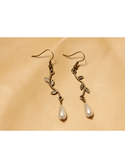 Fashion Casual Baroque Handmade Retro Artificial Pearl Leaves Bride Long Earrings