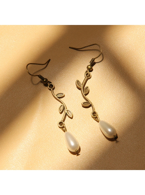 Fashion Casual Baroque Handmade Retro Artificial Pearl Leaves Bride Long Earrings