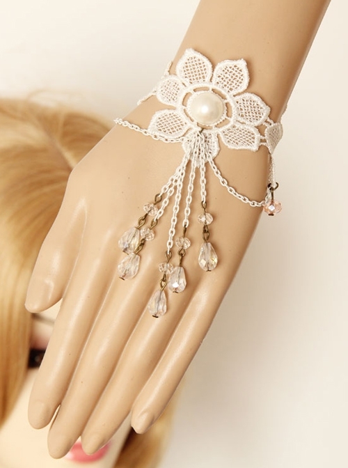 Baroque Vintage White Pearl Flower Lace Crystal Wedding Bride Wedding Bracelet