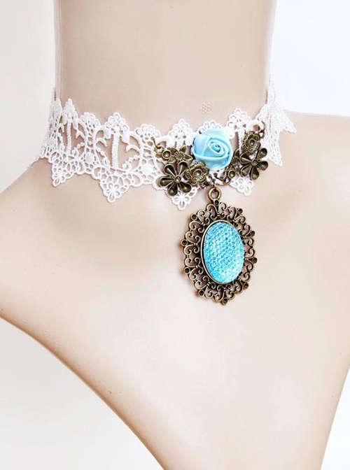 Vintage Fashion Baroque White Lace Blue Gems Rose Flower Bridal Wide Choker