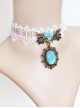 Vintage Fashion Baroque White Lace Blue Gems Rose Flower Bridal Wide Choker