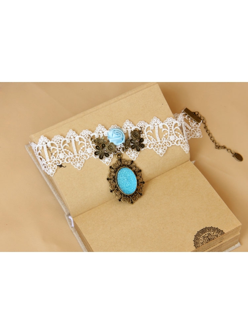 Vintage Fashion Baroque White Lace Blue Gems Rose Flower Bridal Wide Choker