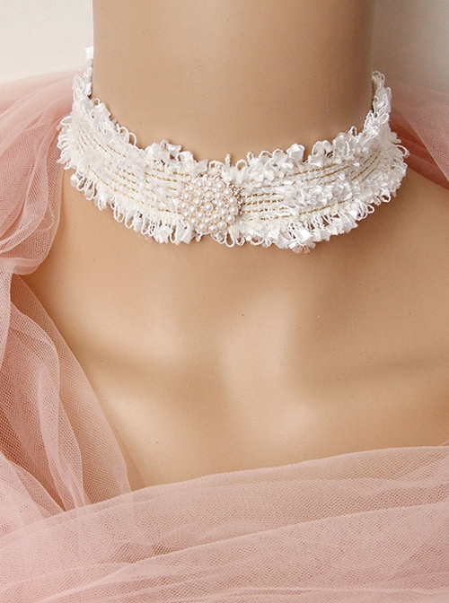 Fashion All-Match Baroque Personality White Pearl Velvet Choker