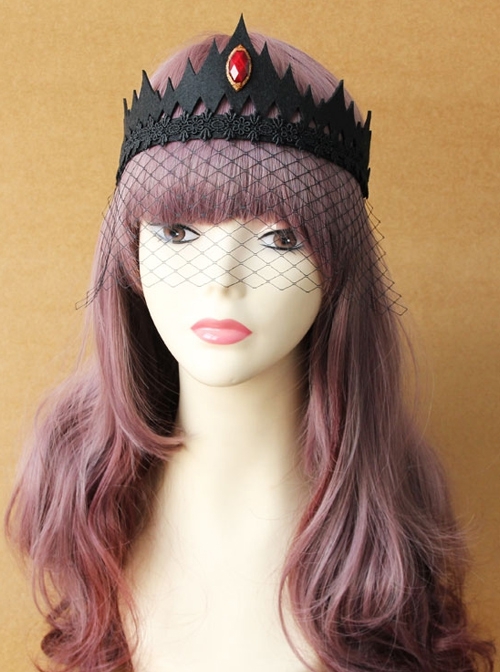 Black Queen Crown Gothic Lace Ruby Princess Prom Half Face Veil Mask