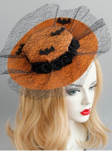Gothic Black Bat Gauze Rose Flower Orange Halloween Vampire Party Prom Hat Hairpin