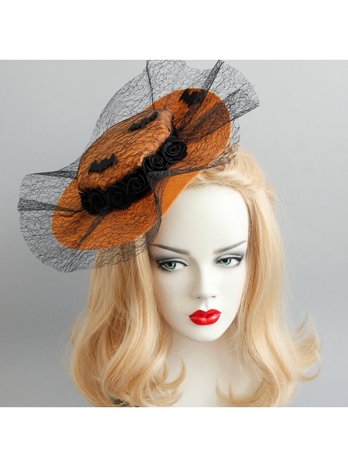 Gothic Black Bat Gauze Rose Flower Orange Halloween Vampire Party Prom Hat Hairpin