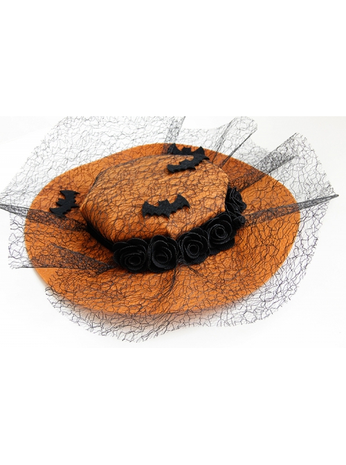 Gothic Black Bat Gauze Rose Flower Orange Halloween Vampire Party Prom Hat Hairpin