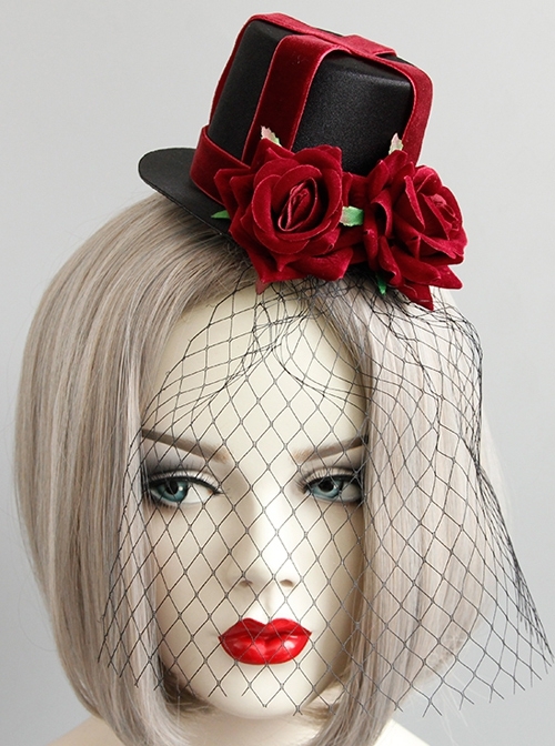 Retro Gothic Cross Bandage Red Rose Net Yarn Adult Male Female Halloween Prom Party Black Top Hat