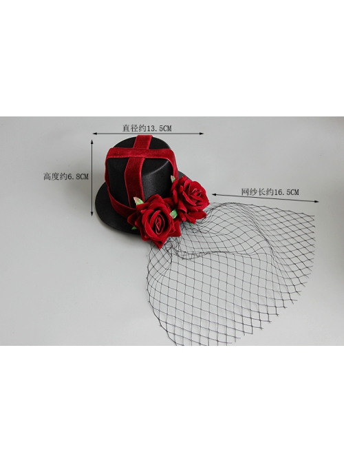 Retro Gothic Cross Bandage Red Rose Net Yarn Adult Male Female Halloween Prom Party Black Top Hat