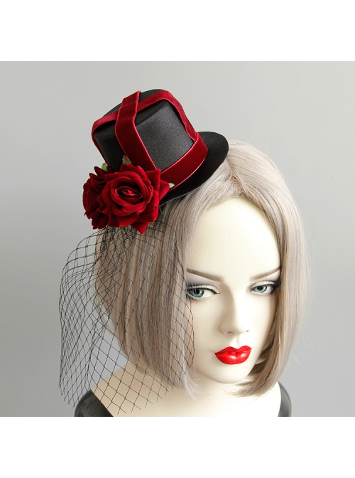 Retro Gothic Cross Bandage Red Rose Net Yarn Adult Male Female Halloween Prom Party Black Top Hat