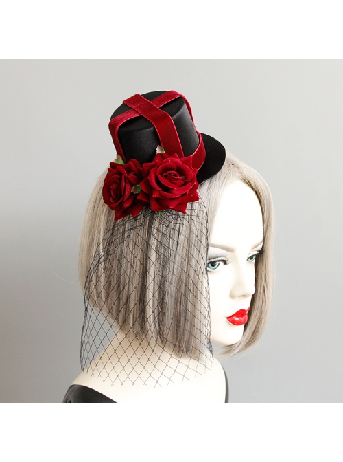 Retro Gothic Cross Bandage Red Rose Net Yarn Adult Male Female Halloween Prom Party Black Top Hat