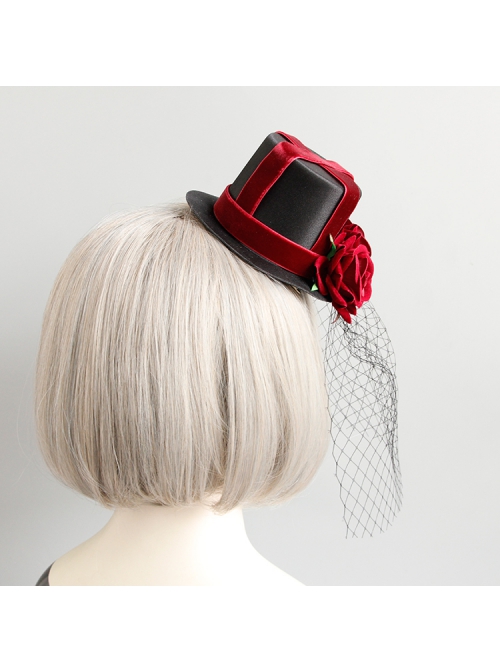 Retro Gothic Cross Bandage Red Rose Net Yarn Adult Male Female Halloween Prom Party Black Top Hat