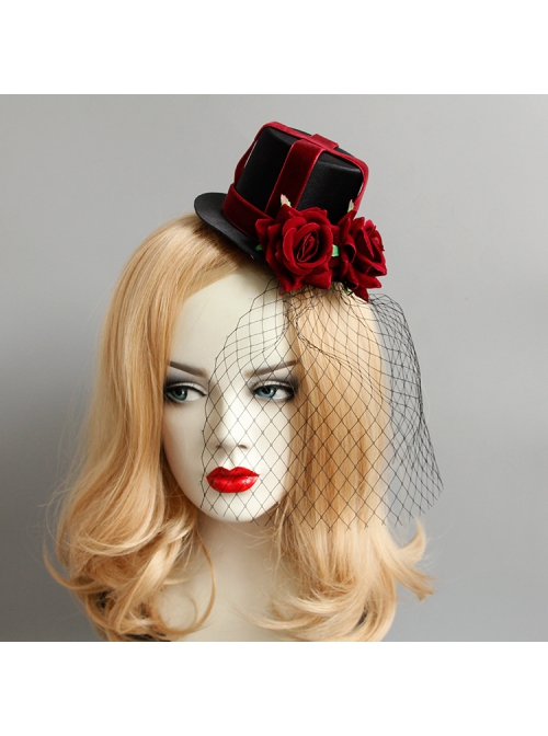 Retro Gothic Cross Bandage Red Rose Net Yarn Adult Male Female Halloween Prom Party Black Top Hat
