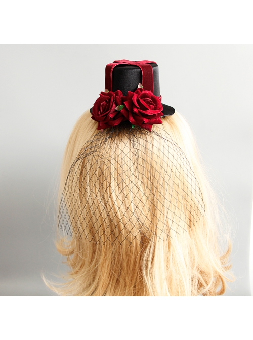 Retro Gothic Cross Bandage Red Rose Net Yarn Adult Male Female Halloween Prom Party Black Top Hat