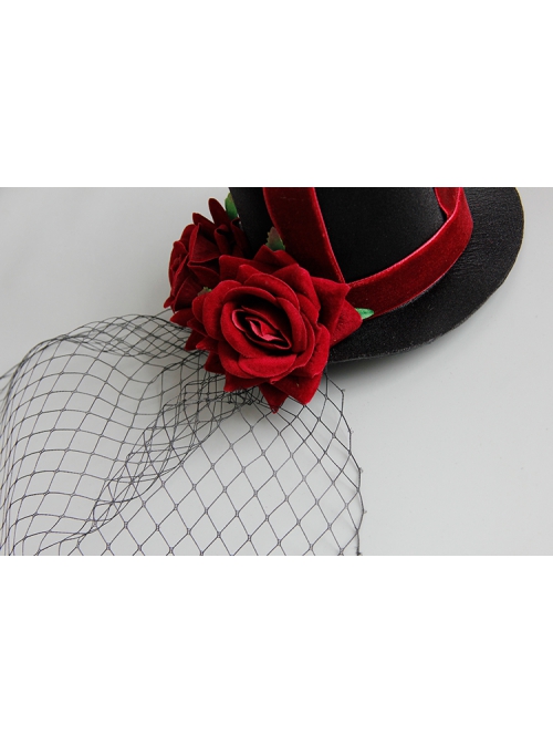 Retro Gothic Cross Bandage Red Rose Net Yarn Adult Male Female Halloween Prom Party Black Top Hat