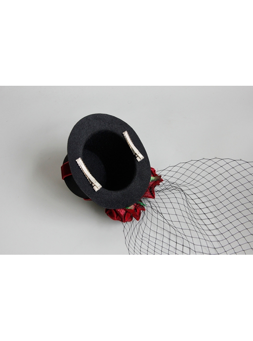 Retro Gothic Cross Bandage Red Rose Net Yarn Adult Male Female Halloween Prom Party Black Top Hat
