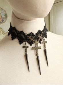 Exaggerated Gothic Black Lace Spiked Nails Cross Religious Female Retro Choker