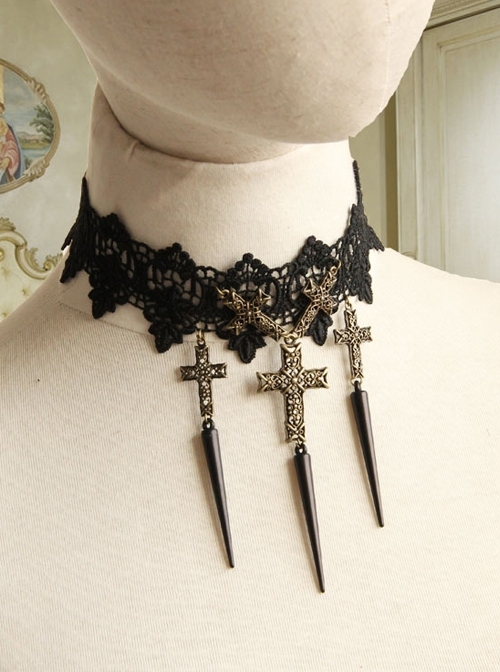 Exaggerated Gothic Black Lace Spiked Nails Cross Religious Female Retro Choker