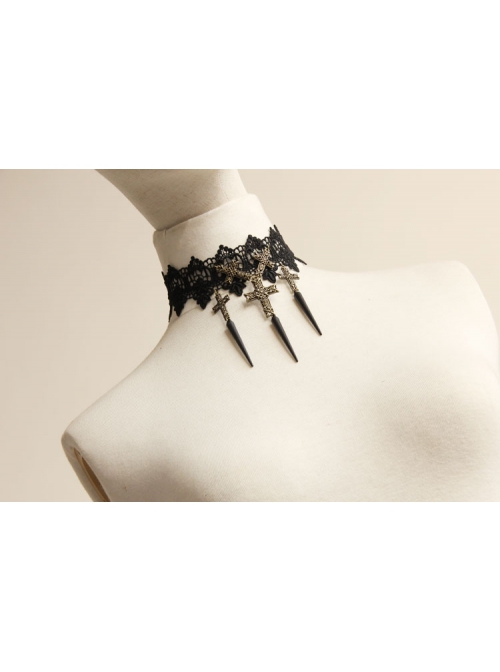 Exaggerated Gothic Black Lace Spiked Nails Cross Religious Female Retro Choker