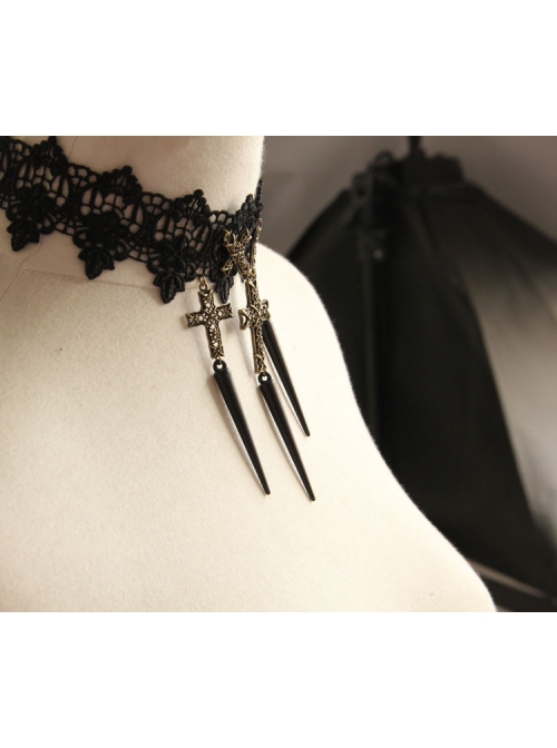 Exaggerated Gothic Black Lace Spiked Nails Cross Religious Female Retro Choker