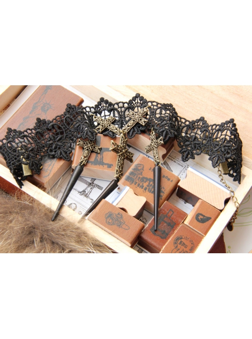 Exaggerated Gothic Black Lace Spiked Nails Cross Religious Female Retro Choker