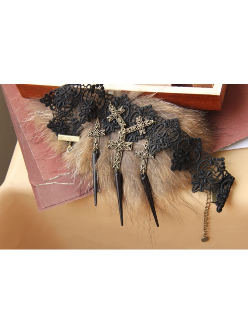 Exaggerated Gothic Black Lace Spiked Nails Cross Religious Female Retro Choker