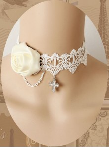 Retro Fashion Rose Flower Cross White Lace Female Wedding Bride Bridesmaid Choker