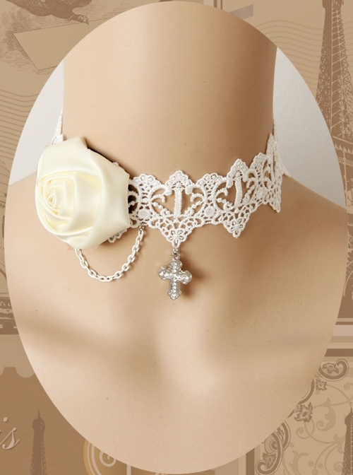 Retro Fashion Rose Flower Cross White Lace Female Wedding Bride Bridesmaid Choker